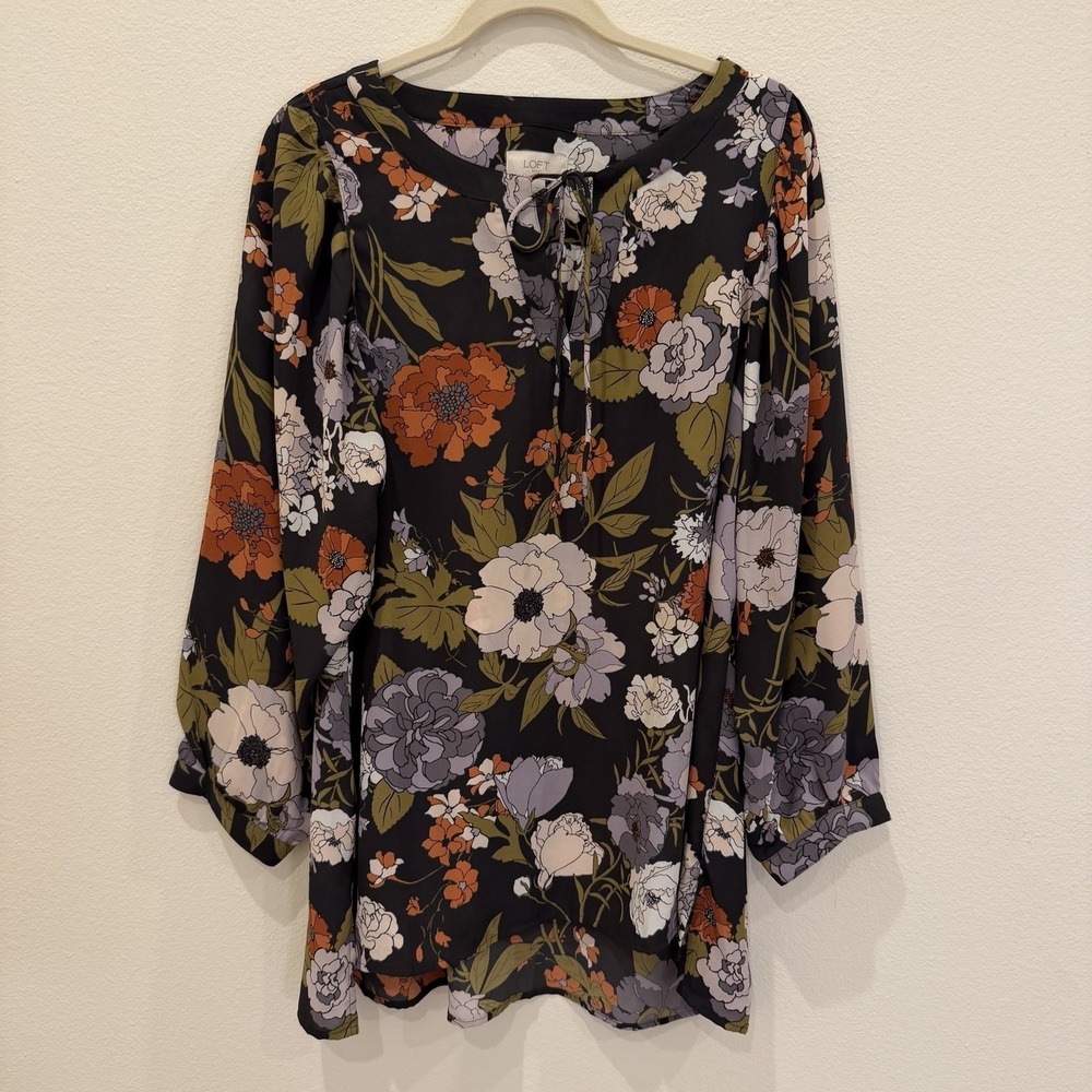 Loft Blouse Women's L Floral Long Sleeve Oversized Bohemian Black Loose Fit